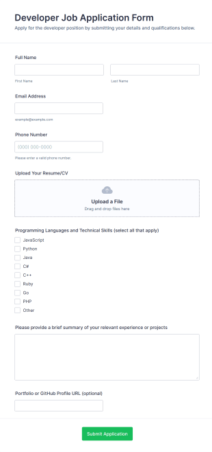 Developer Job Application Form Form Template