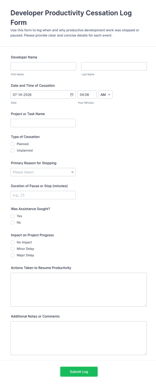 Developer Productivity Cessation Log Form Template