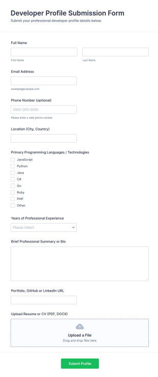 Developer Profile Submission Form Template
