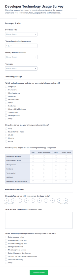 Developer Technology Usage Survey Form Template