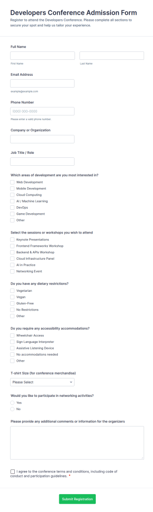 Developers Conference Admission Form Template
