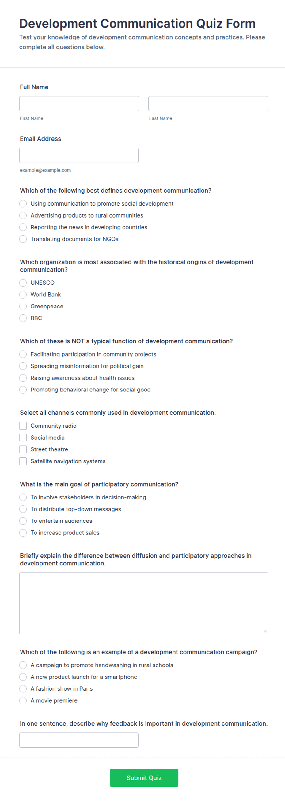 Development Communication Quiz Form Template | Jotform
