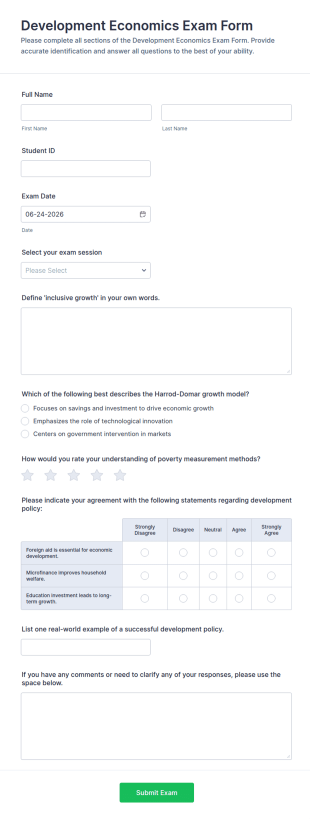Development Economics Exam Form Template