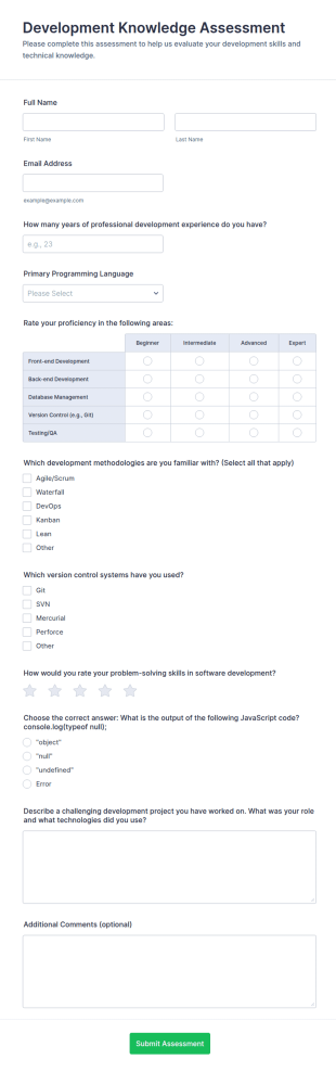Development Knowledge Assessment Form Template