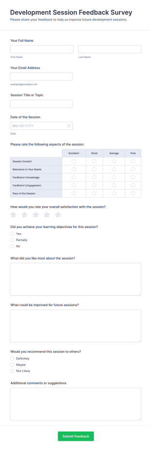 Development Session Feedback Survey Form Template