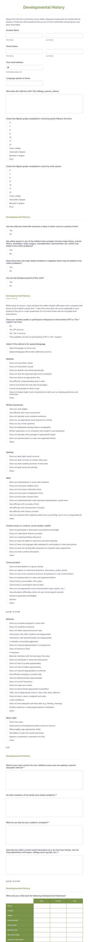 Developmental History Form Template