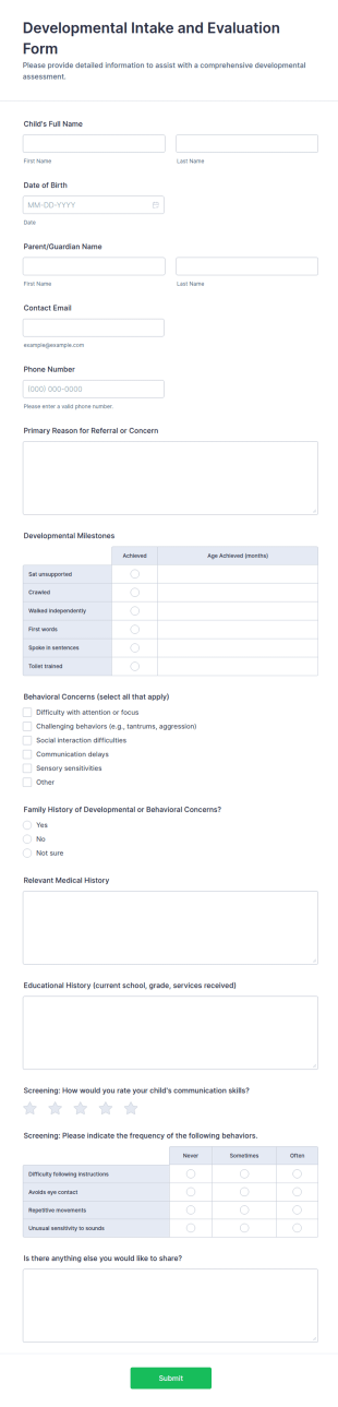 Developmental Intake And Evaluation Form Template