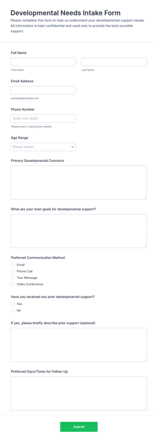 Developmental Needs Intake Form Template