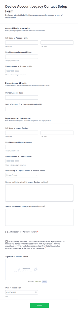 Device Account Legacy Contact Setup Form Template