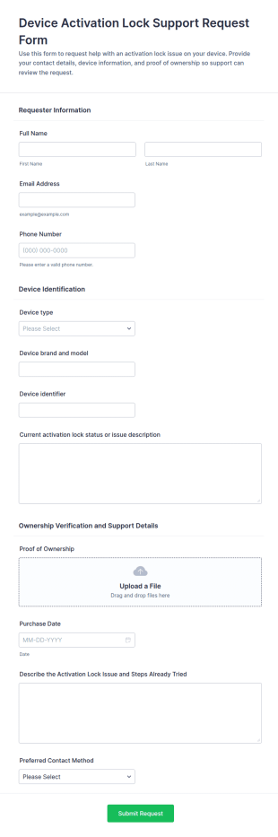 Device Activation Lock Support Request Form Template