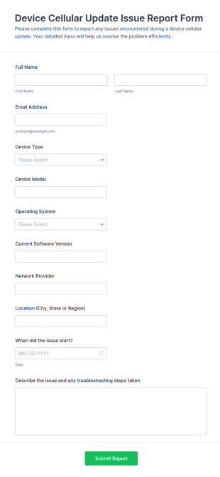 Device Cellular Update Issue Report Form Template