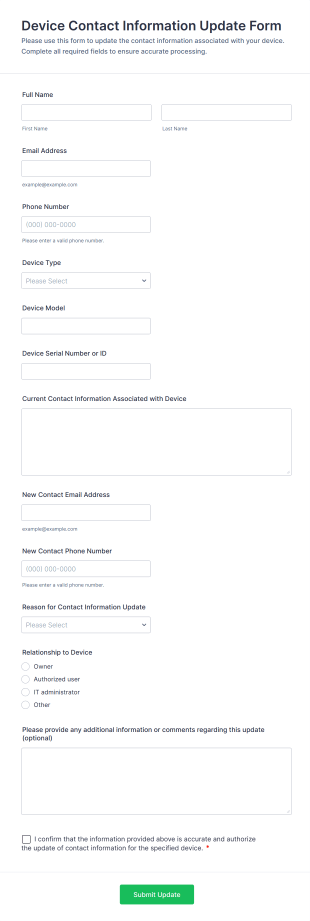 Device Contact Information Update Form Template