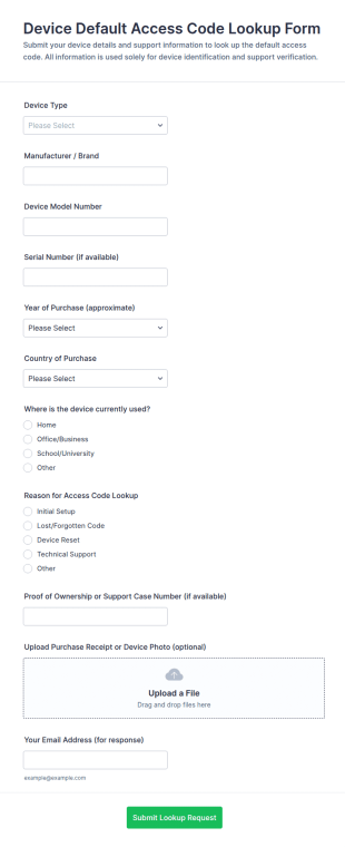 Device Default Access Code Lookup Form Template