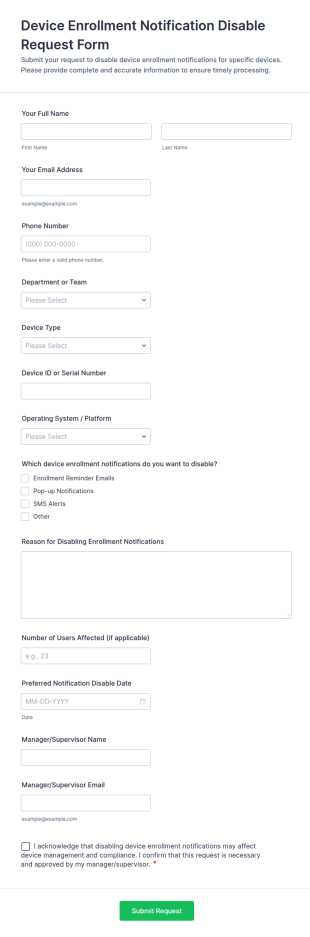Device Enrollment Notification Disable Request Form Template