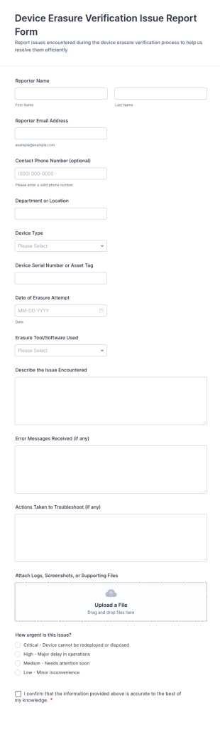 Device Erasure Verification Issue Report Form Template