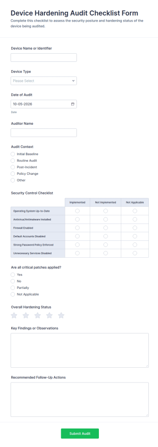 Device Hardening Audit Checklist Form Template