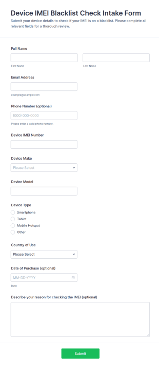 Device IMEI Blacklist Check Intake Form Template