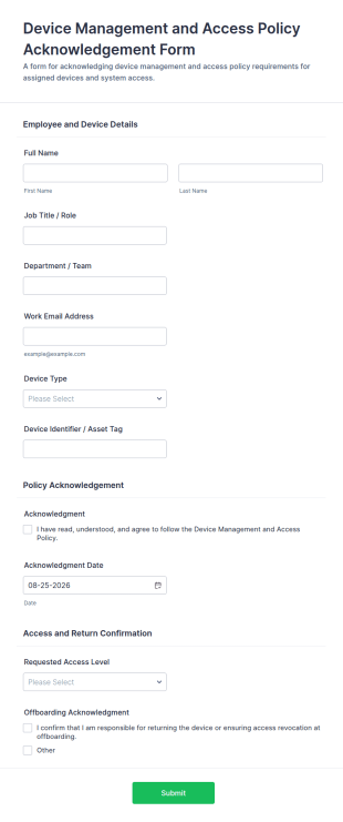 Device Management And Access Policy Acknowledgement Form Template
