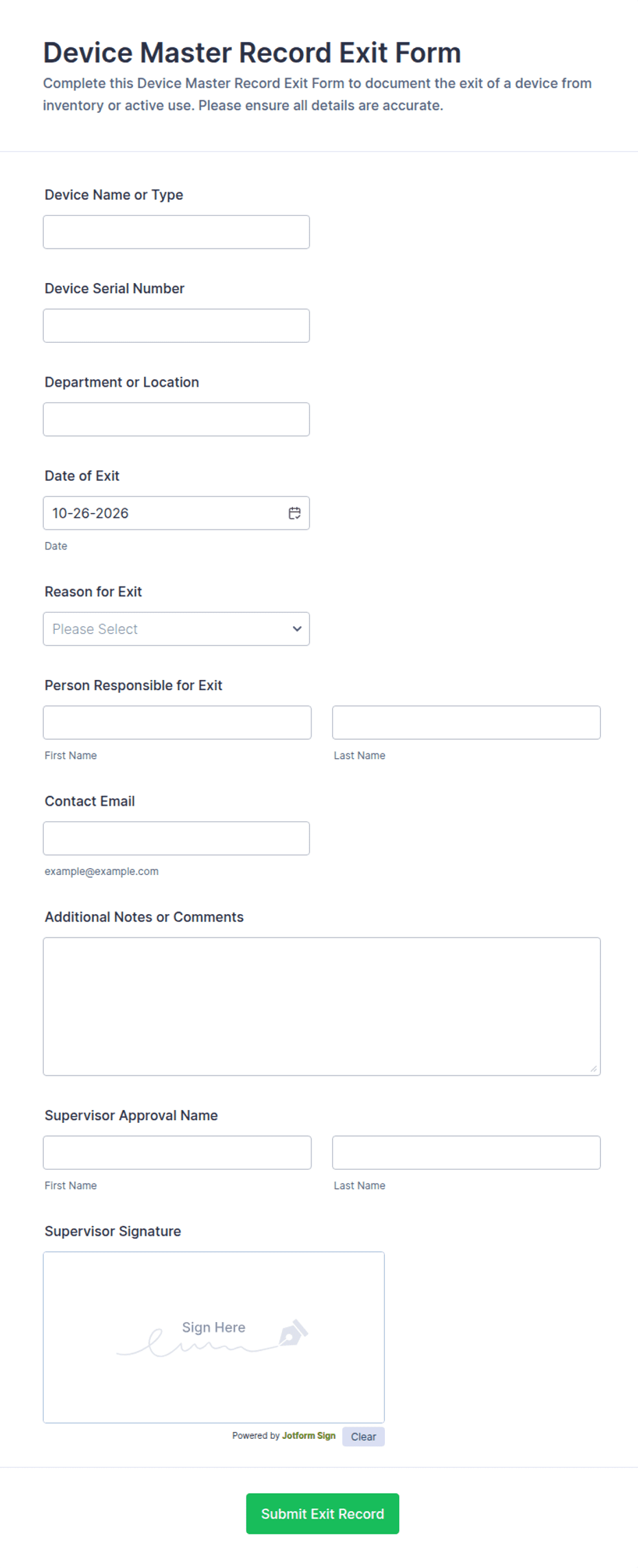 Device Master Record Exit Form Template | Jotform
