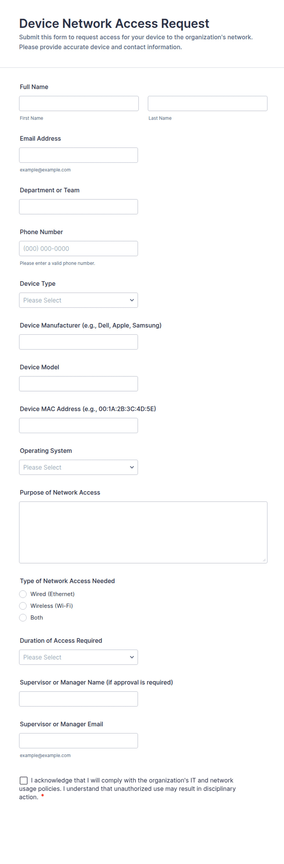 Computer Access Request Device Network Access Request Form Template | Jotform