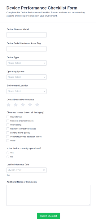 Device Performance Checklist Form Template