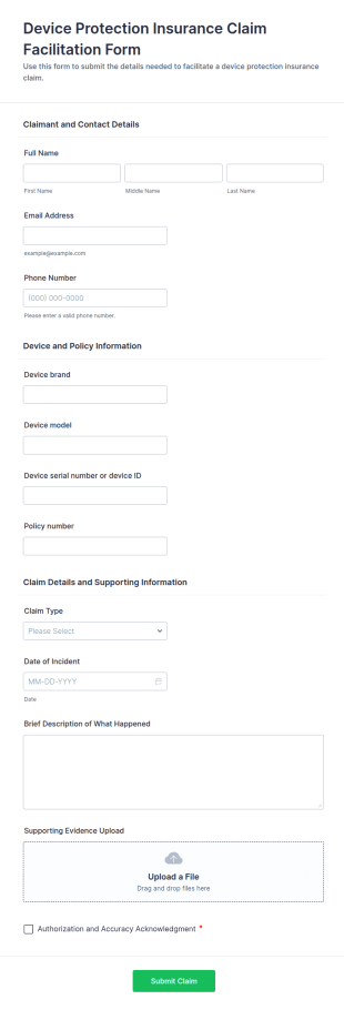 Device Protection Insurance Claim Facilitation Form Template