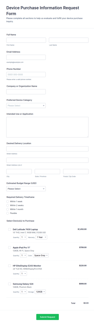 Device Purchase Information Request Form Template