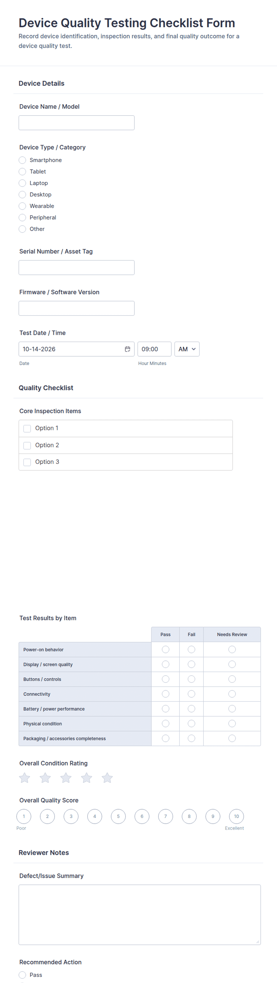 Device Quality Testing Checklist Form Template | Jotform