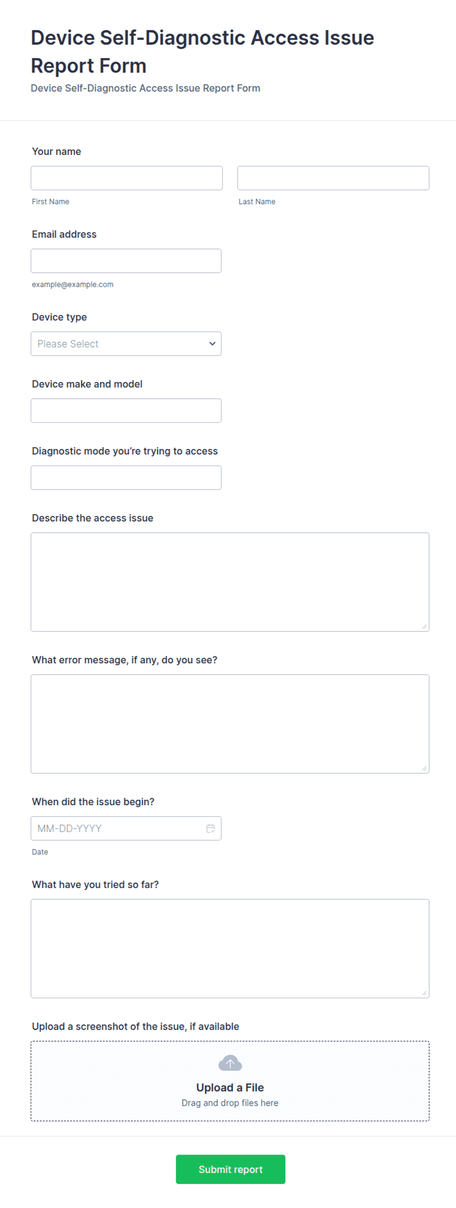 Device Self-Diagnostic Access Issue Report Form Template | Jotform