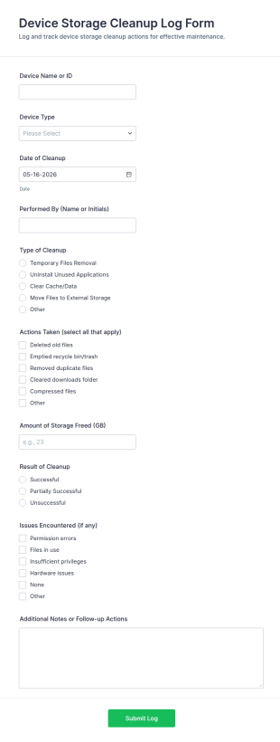 Device Storage Cleanup Log Form Template