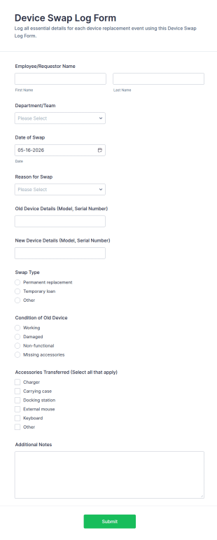 Device Swap Log Form Template