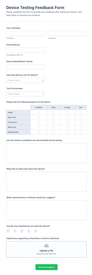 Device Testing Feedback Form Template