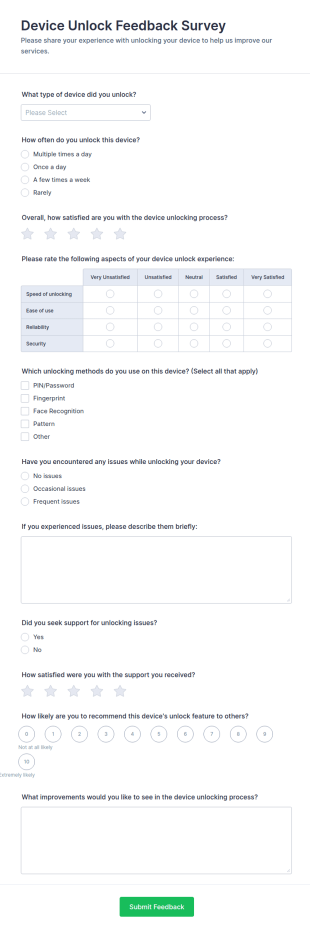 Device Unlock Feedback Survey Form Template