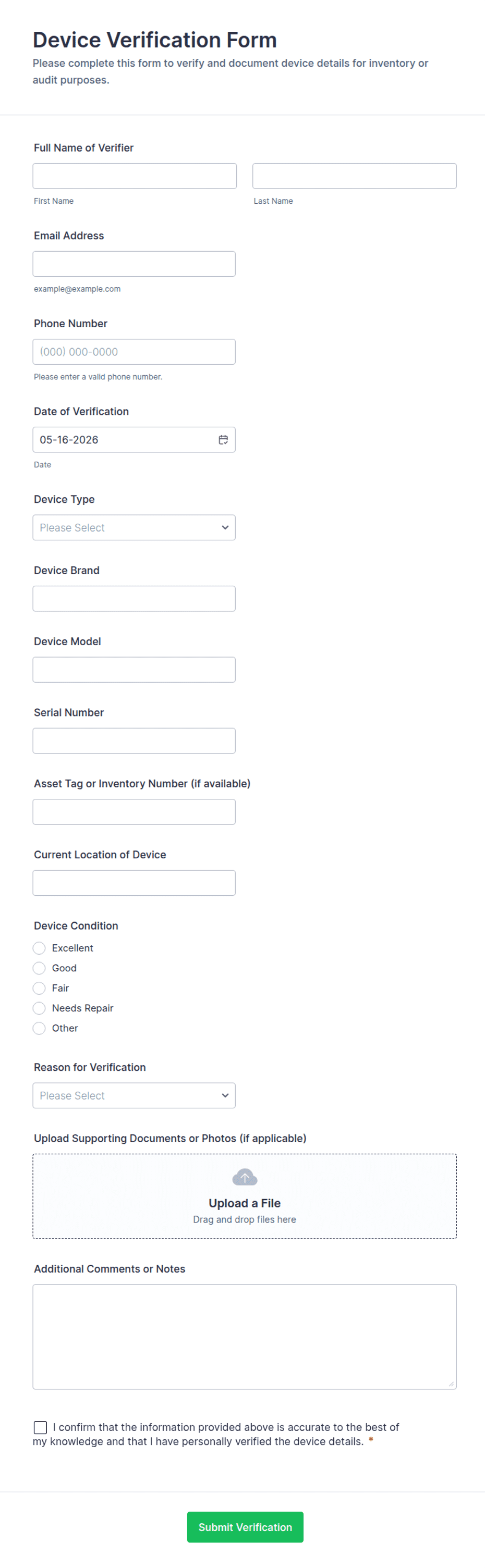 Device Labeling Form Device Verification Form Template | Jotform