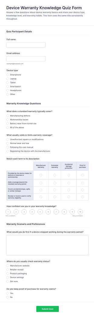 Device Warranty Knowledge Quiz Form Template