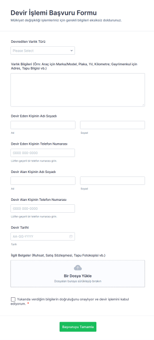 Devir İşlemi Başvuru Form Template