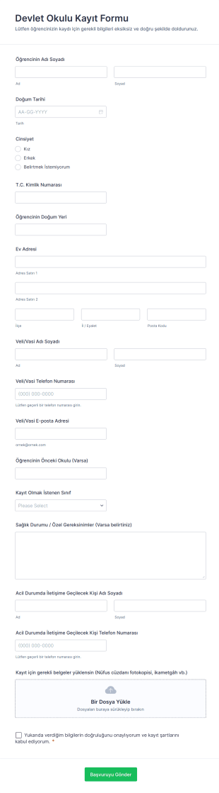 Devlet Okulu Kayıt Form Şablonu