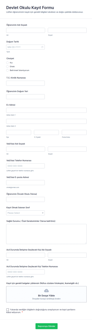 Devlet Okulu Kayıt Form Şablonu