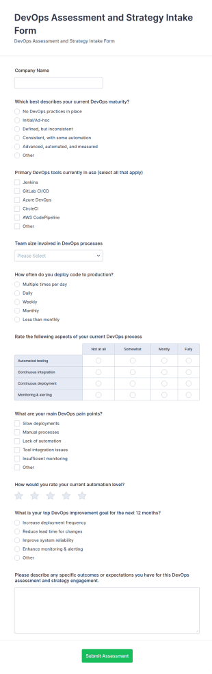 DevOps Assessment And Strategy Intake Form Template
