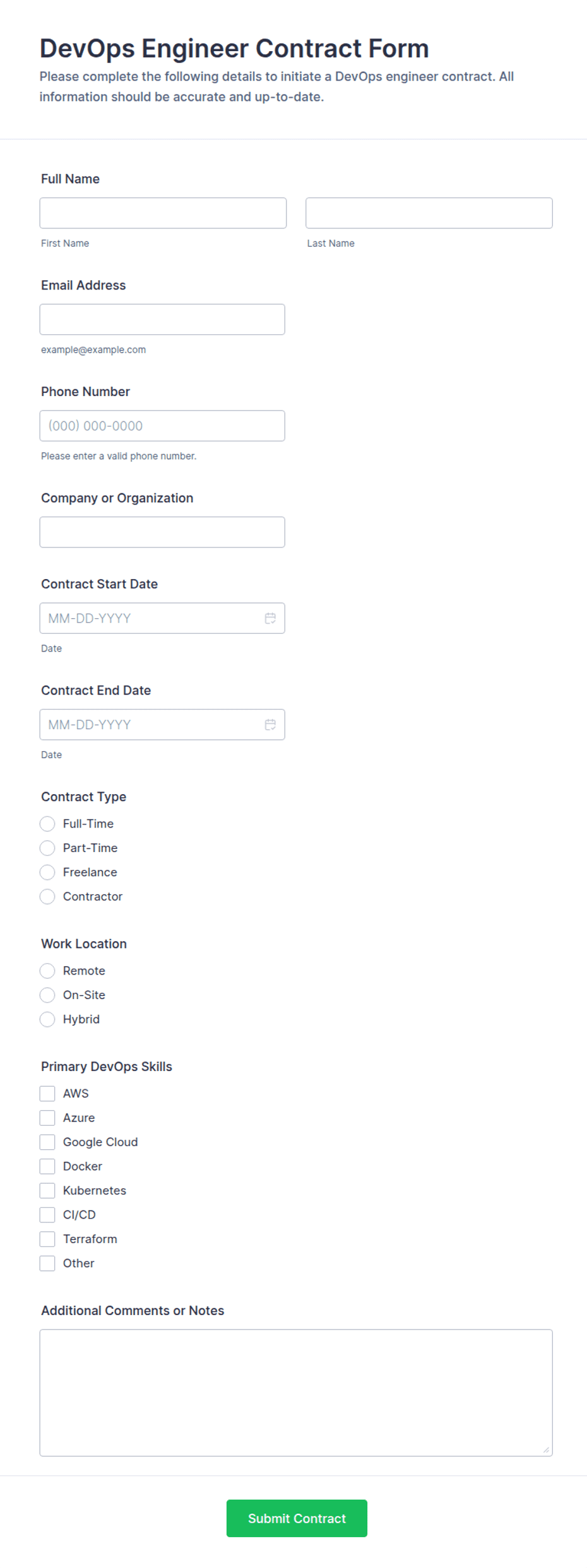 DevOps Engineer Contract Form Template | Jotform