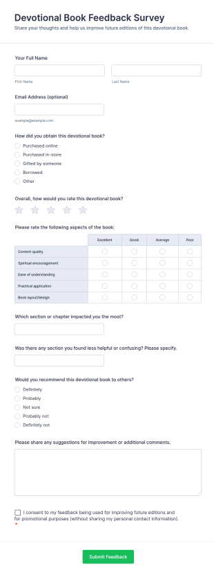 Devotional Book Feedback Survey Form Template