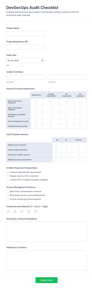 DevSecOps Audit Checklist Form Template