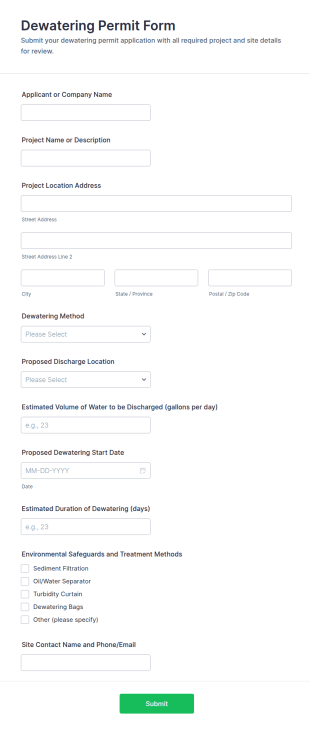 Dewatering Permit Application Form Template