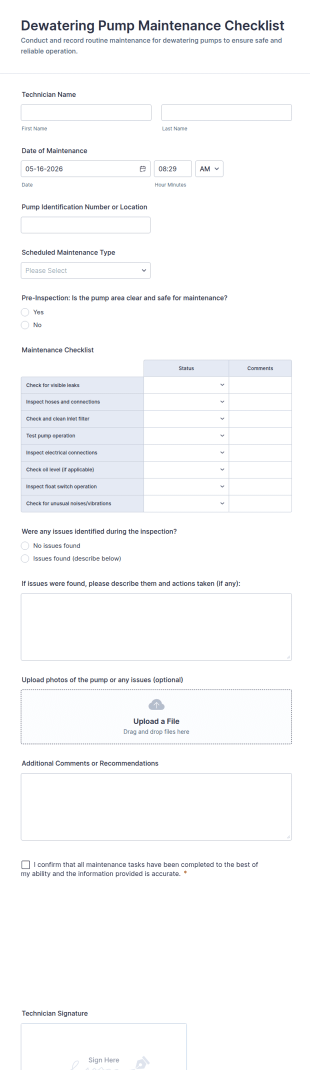 Dewatering Pump Maintenance Checklist Form Template