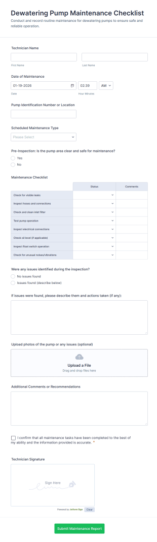 Dewatering Pump Maintenance Checklist Form Template