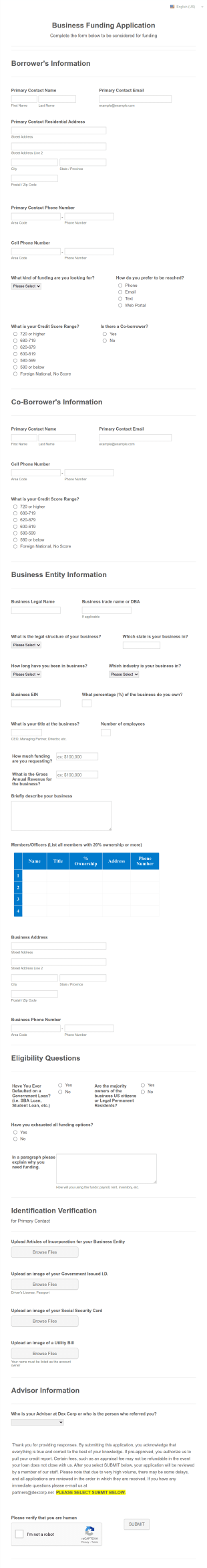 DEX Corp Business Funding Application Form Template