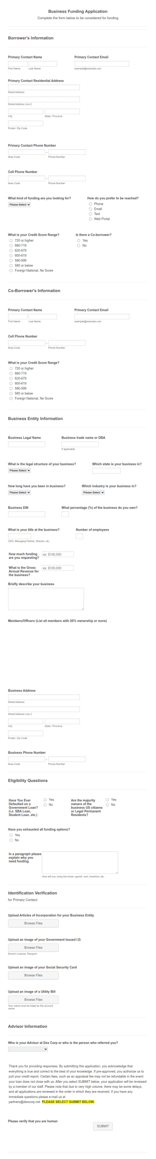 DEX Corp Business Funding Application Form Template