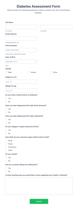 Diabetes Assessment Form Template