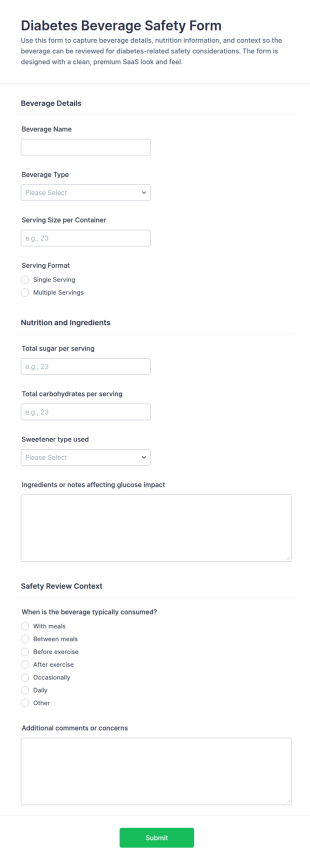 Diabetes Beverage Safety Form Template