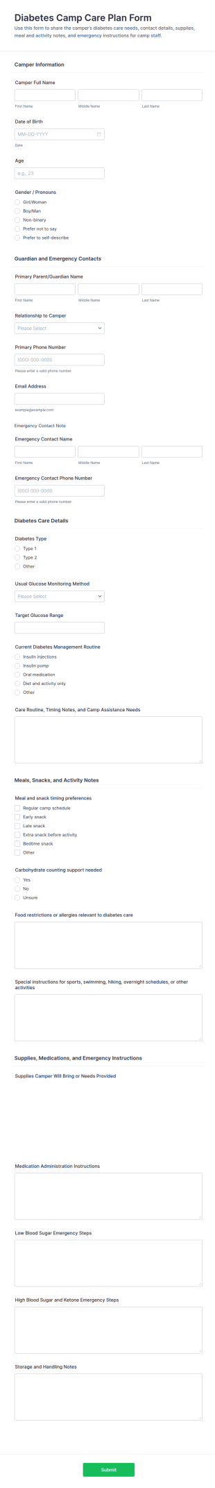 Diabetes Camp Care Plan Form Template